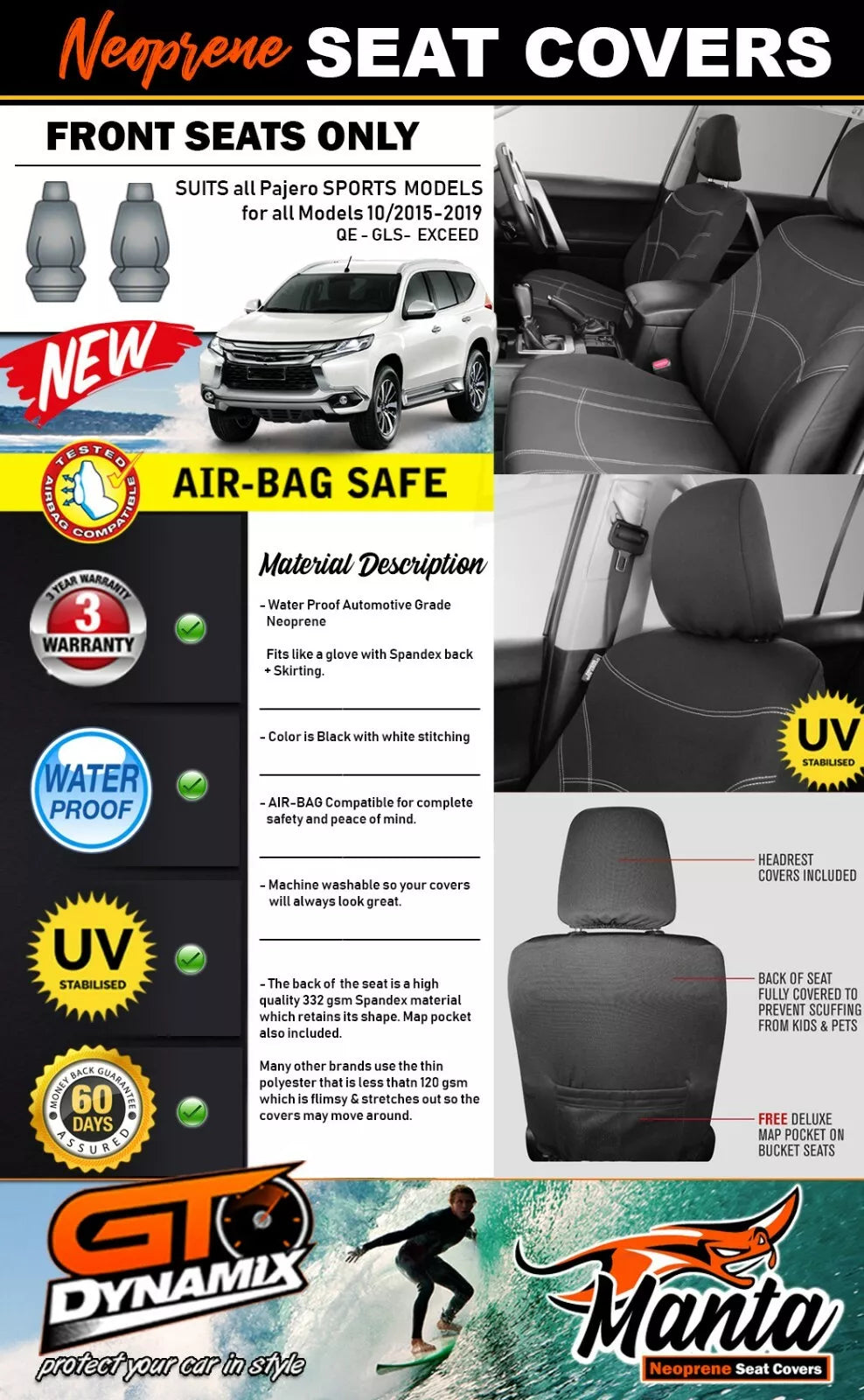 Manta Neoprene Front Seat Covers For Pajero Sports GLS GLX EXCEED 2015-2025