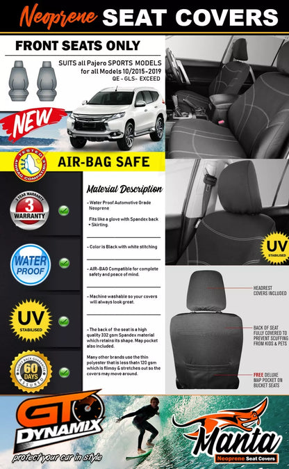 Manta Neoprene Front Seat Covers For Pajero Sports GLS GLX EXCEED 2015-2025
