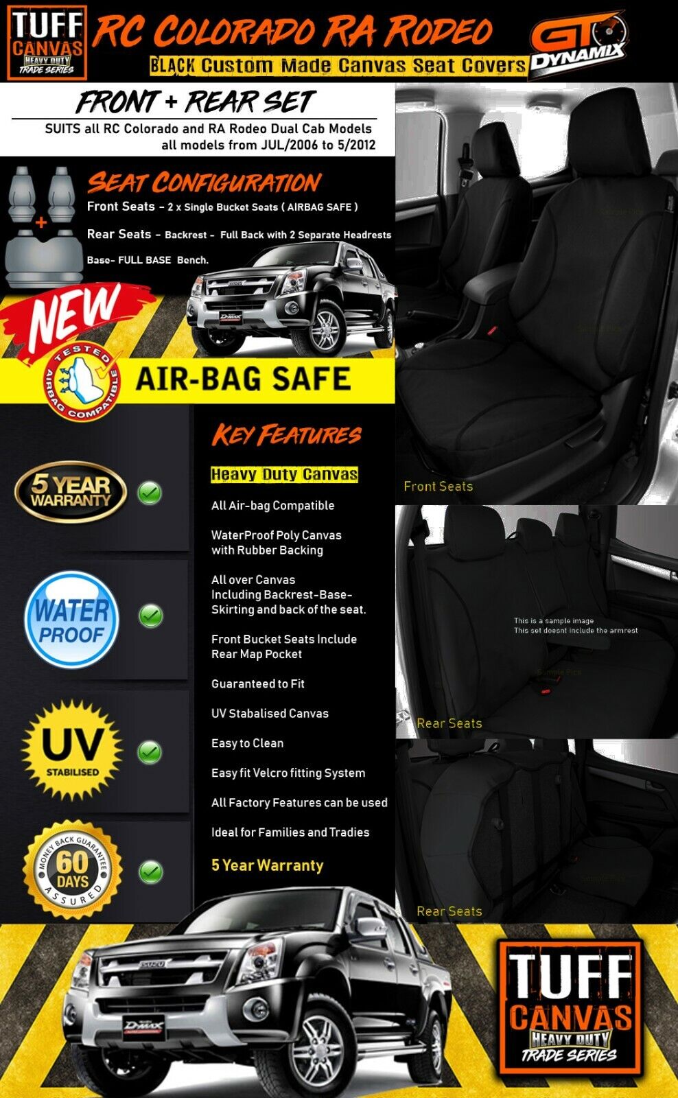 TUFF HD TRADE Canvas Seat Covers 2 Rows For Isuzu D-MAX DMAX SX LS LSM LSU 10/2008-2012 Black