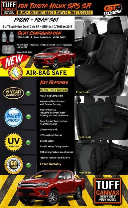 Tuff HD TRADE Canvas Seat Covers 2 Row + Dash Mat For Toyota Hilux SR SR5 Rugged 2015-2024 DM1412 Black