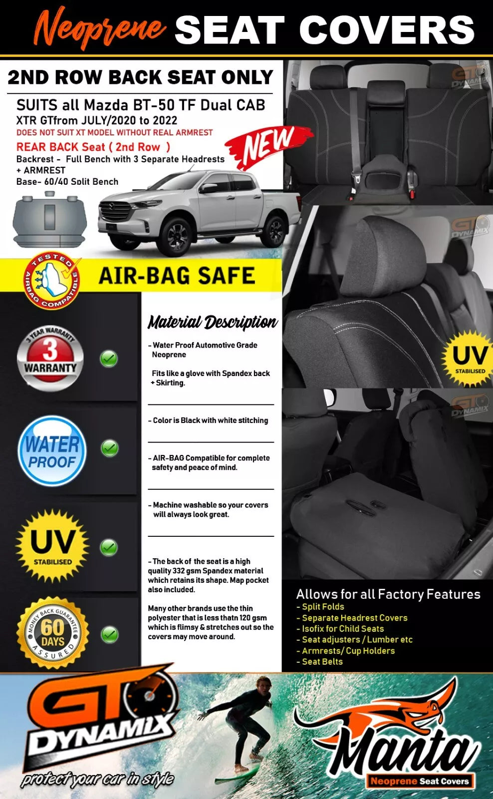 Manta Neoprene Rear Seat Covers For Mazda TF BT-50 XTR GT 7/2020-2025
