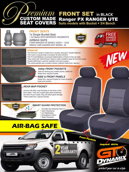 Premium Seat Covers Front Black For Ford Ranger PX MK1 Single CAB 11/2011-2015
