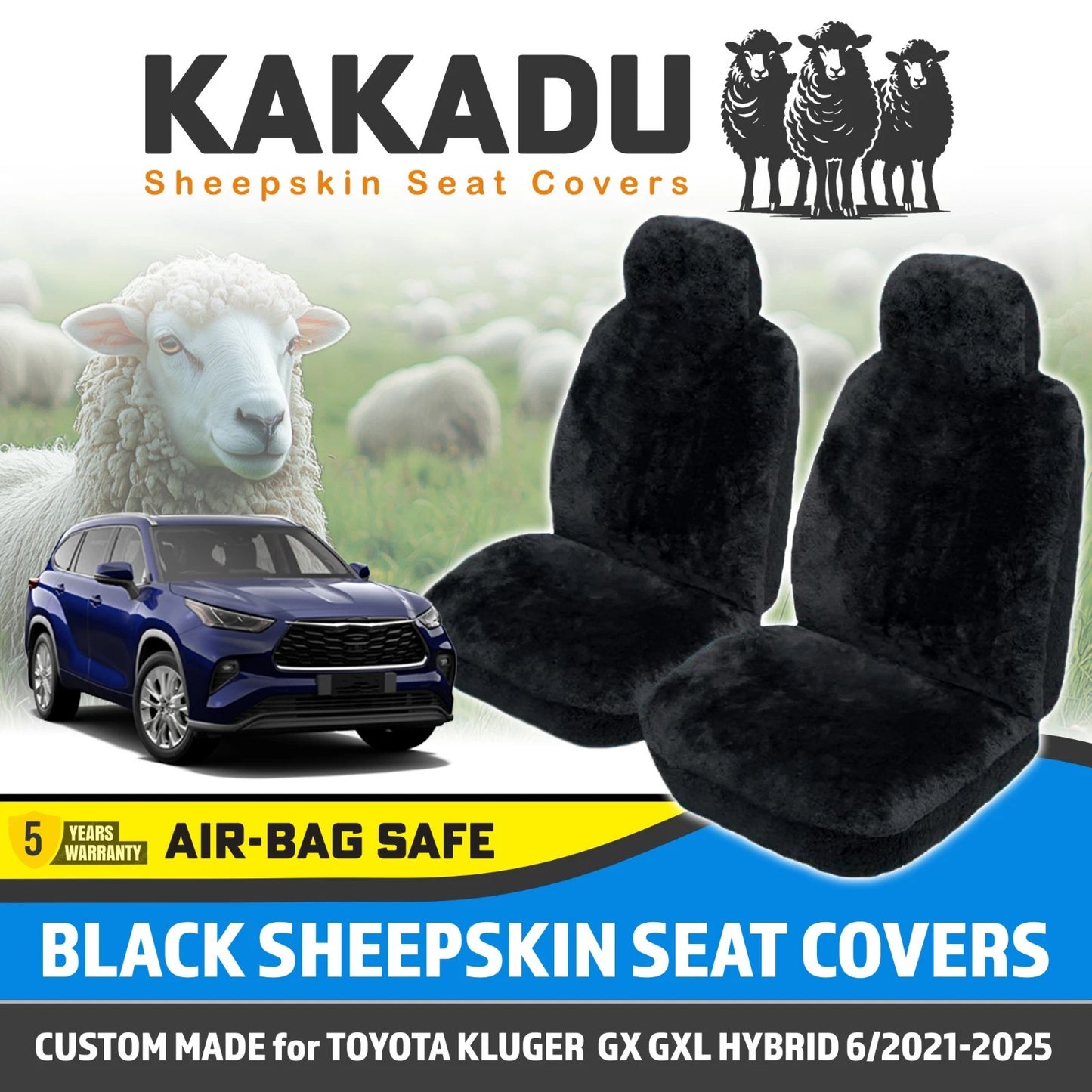BLACK Custom KAKADU Sheepskin Seat Covers for Toyota KLUGER GXL GX Hybrid GSU70 2021-2025