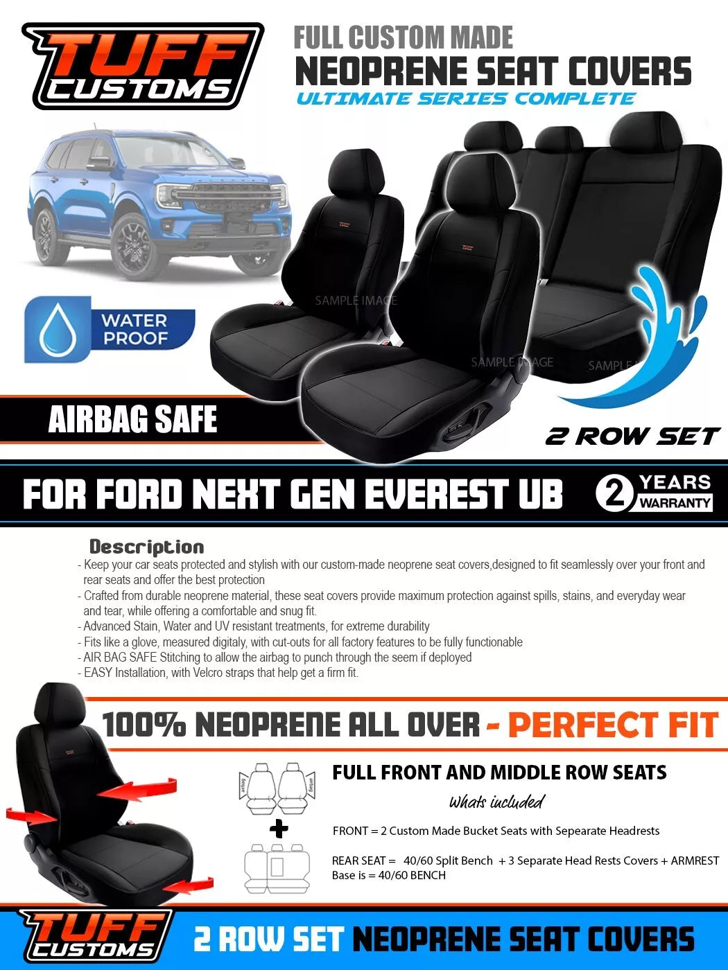 Tuff Customs Neoprene Seat Covers 2 Rows For Ford NEXT GEN EVEREST Platinum Ambiente 5/2022-2025