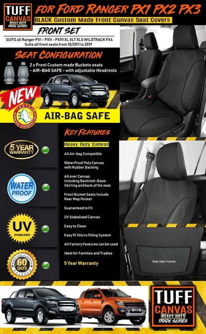 TUFF HD TRADE Canvas Seat Covers Front For Ford Ranger MK1 MK2 MK3 XLT XL 2011-2022 Black