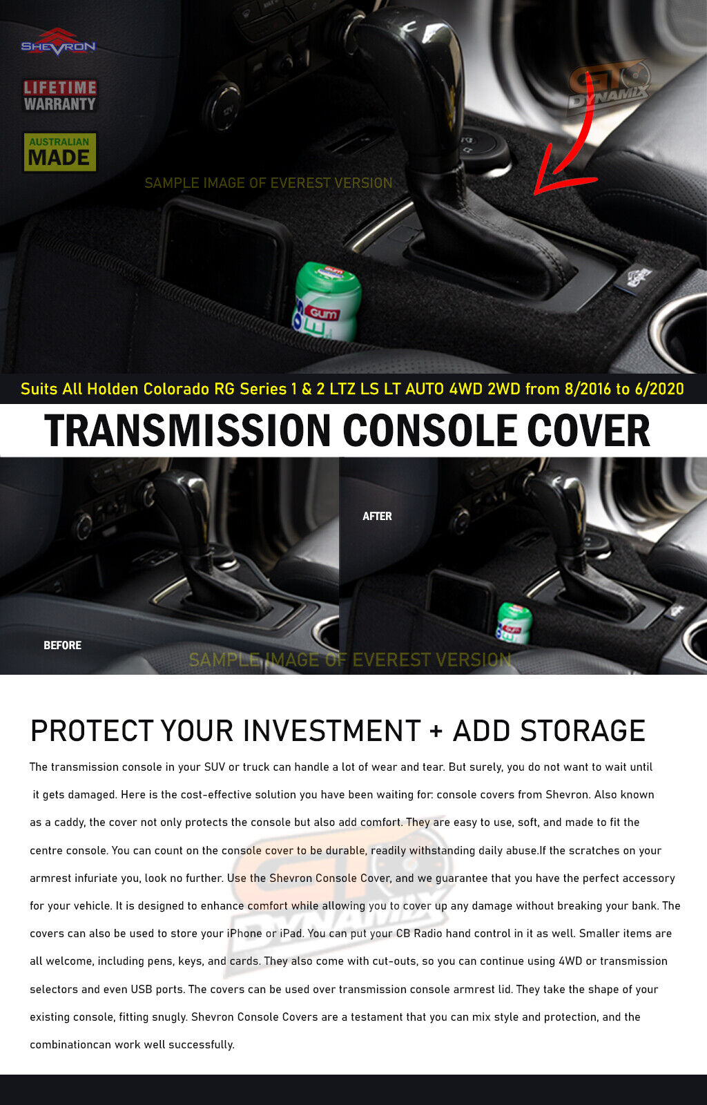 Shevron Transmission Console Cover For Holden Colorado RG LTZ LS LT Auto 4WD 2WD 6/2012-6/2020