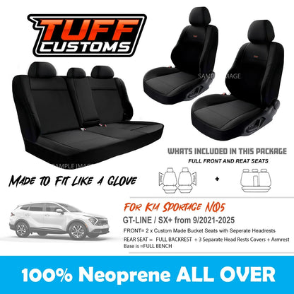 TUFF Customs Neoprene Seat Covers For Kia Sportage NQ5 SX+ GT LINE 9/2021-2025 2 Rows Black