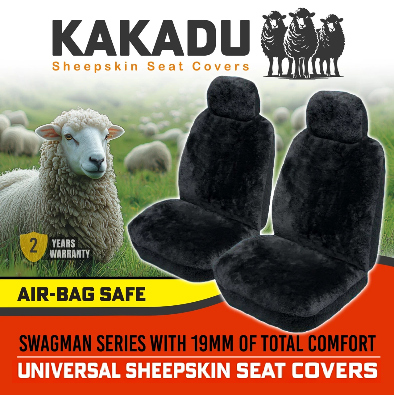 KAKADU Swagman Universal Sheepskin Car Seat Covers FORD EXPLORER UT UX UZ XLT 11/2001-2008 Black or Charcoal