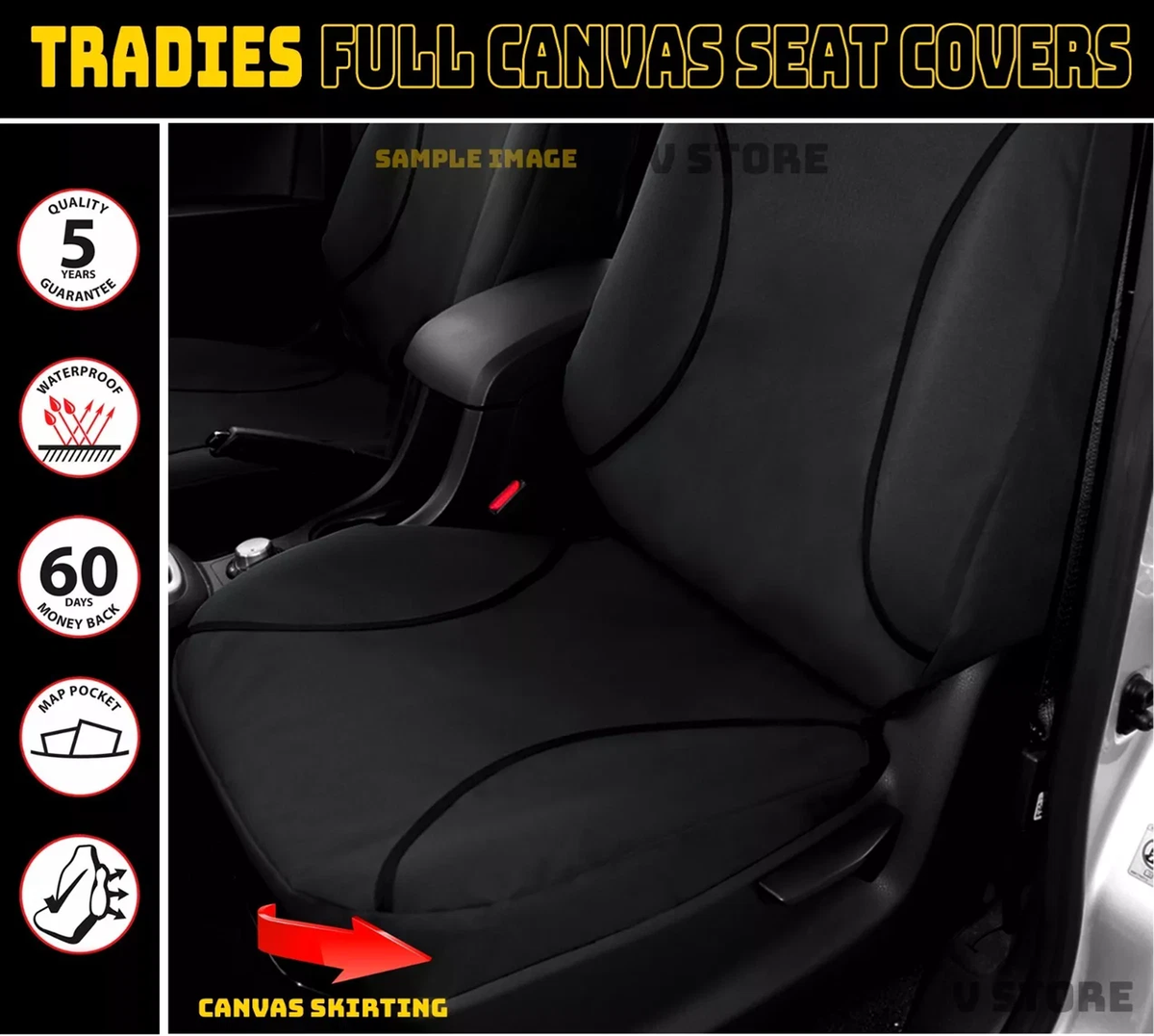 Tradies Canvas Black Seat Covers 2 Rows For TOYOTA HILUX SR5 DUAL CAB 5/2005-8/2006